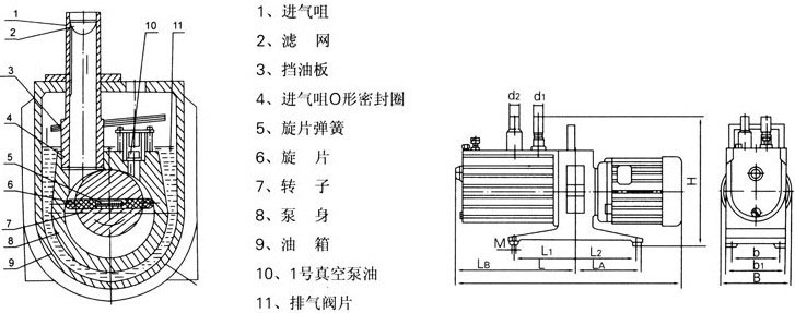 2XZ雙級(jí)旋片式真空泵結(jié)構(gòu)圖及外形安裝尺寸圖
